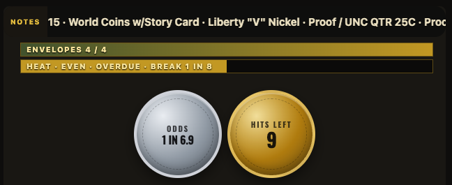 Challenge coin HUD with odds and hits left