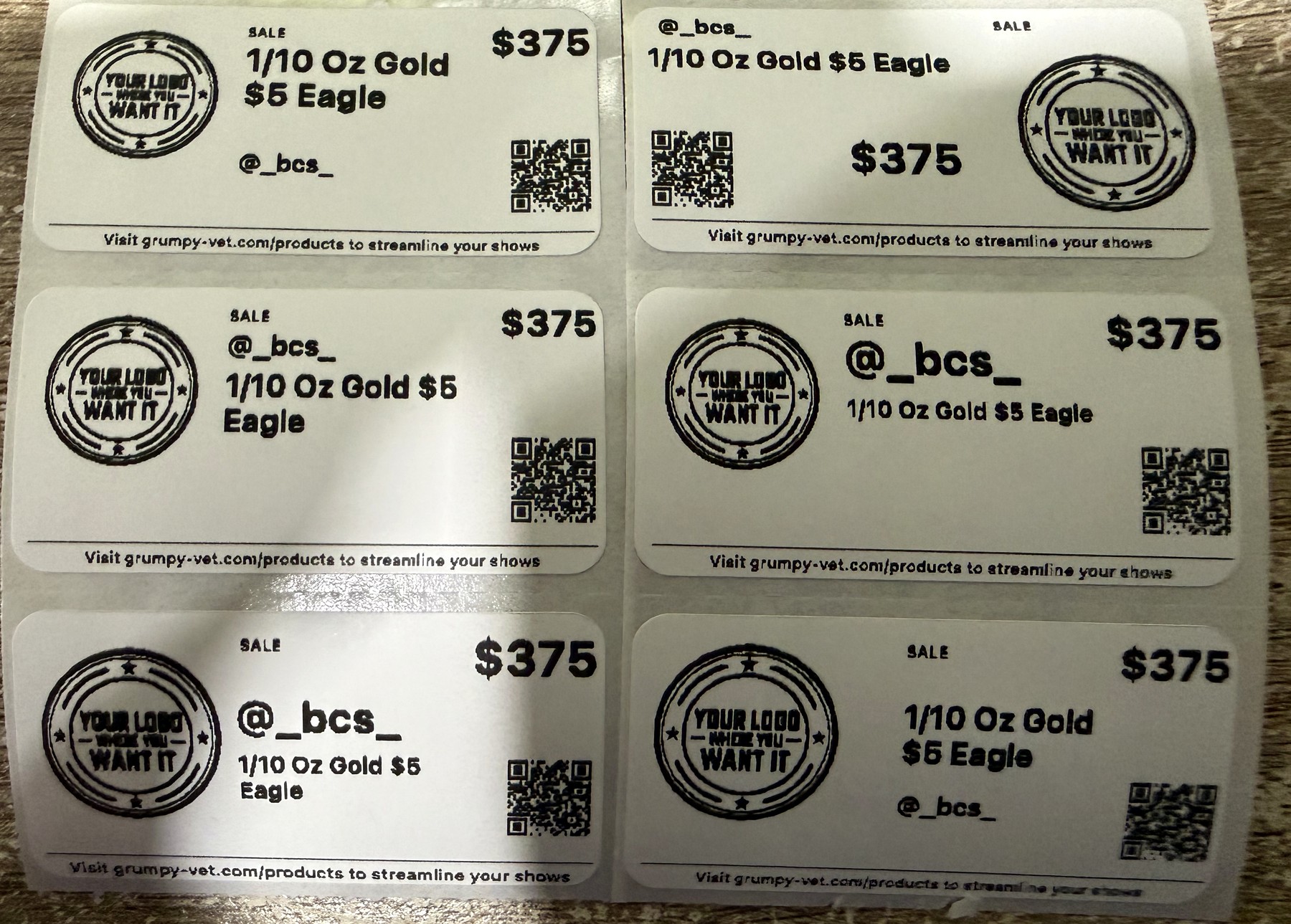 The same 1/10 oz Gold $5 Eagle sale printed six different ways on 2×1 labels