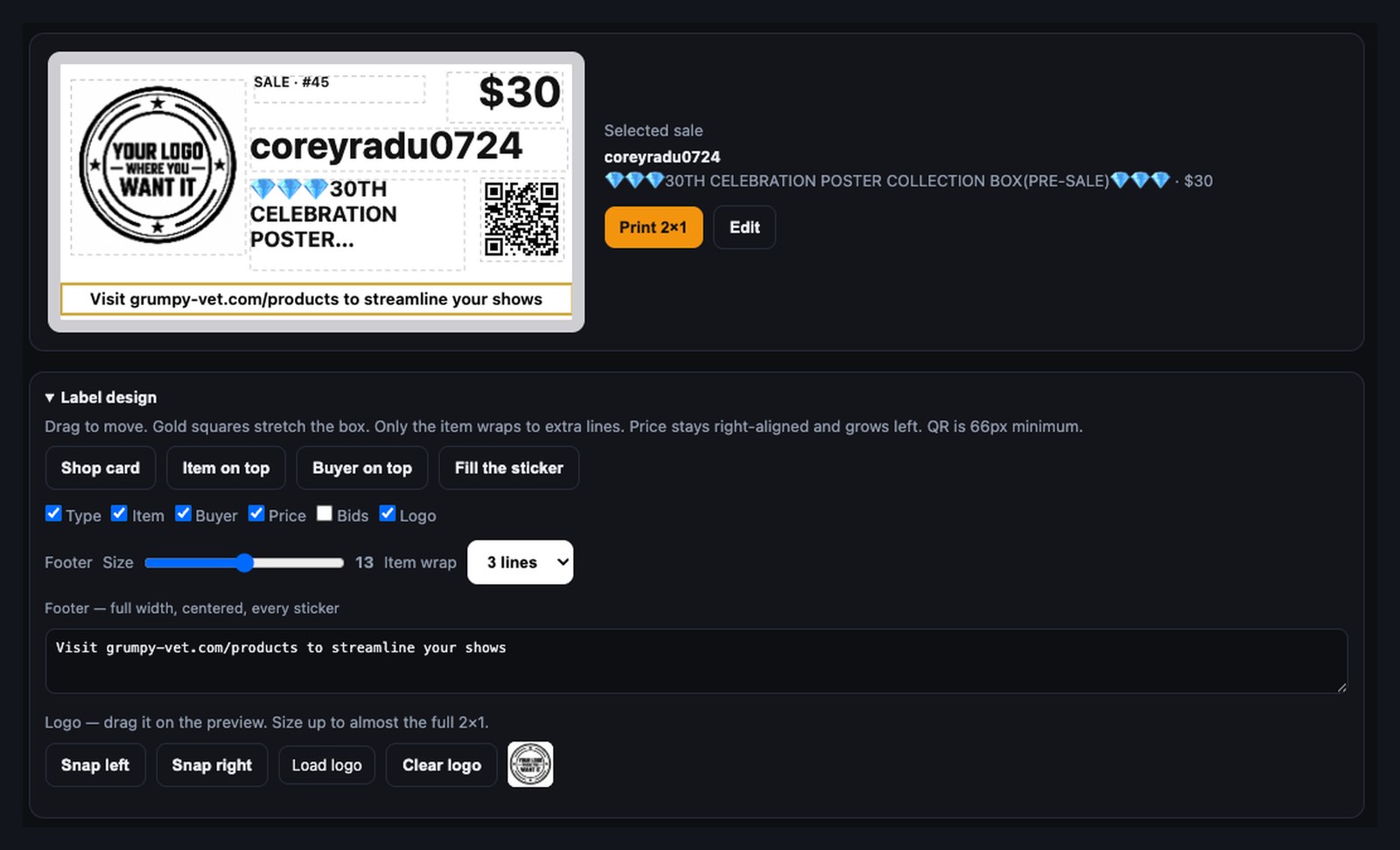 Seller Desk label design: preview, Shop card presets, footer, logo